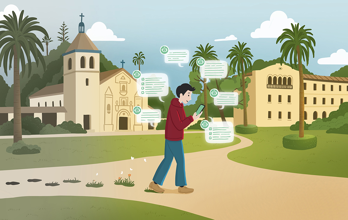 Cartoon of male students walking on campus with phone that has going green tips on the screen.